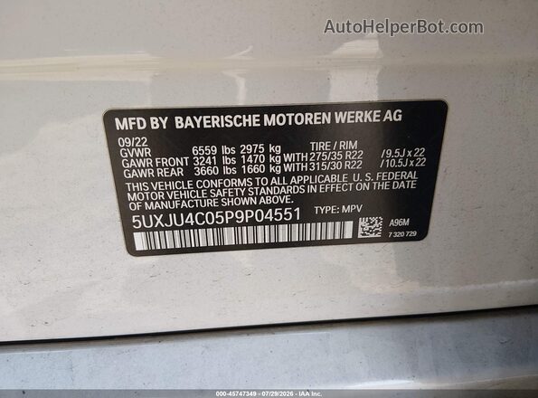 5UXJU4C05P9P04551 2023 BMW X5 White ძრავის განყოფილების ხედი
