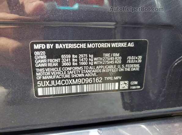 5UXJU4C0XM9D96162 2021 BMW X5 Gray VIN sticker view