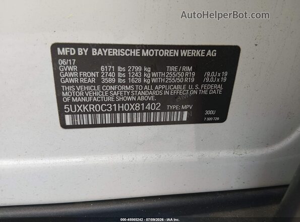 5UXKR0C31H0X81402 2017 BMW X5 White Engine compartment view