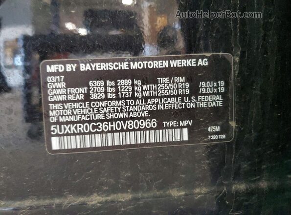 5UXKR0C36H0V80966 2017 BMW X5 Black Vista de la etiqueta del VIN