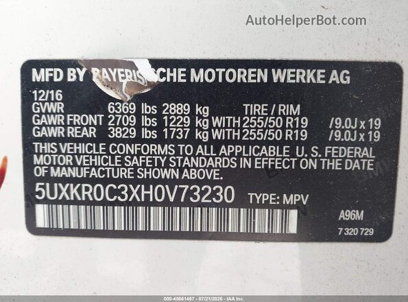 5UXKR0C3XH0V73230 2017 BMW X5 White Engine compartment view