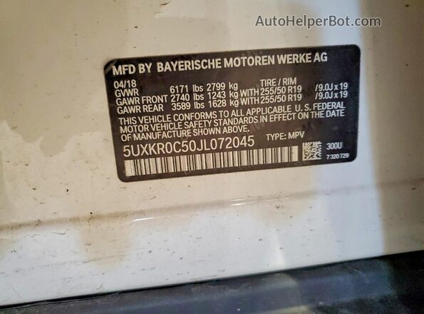 5UXKR0C50JL072045 2018 BMW X5 White Vista de la etiqueta del VIN