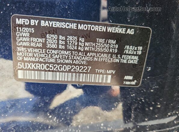 5UXKR0C52G0P29227 2016 BMW X5 Blue Widok naklejki z numerem VIN