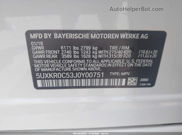 5UXKR0C53J0Y00751 2018 BMW X5 White Շարժիչի բաժամունքի տեսք