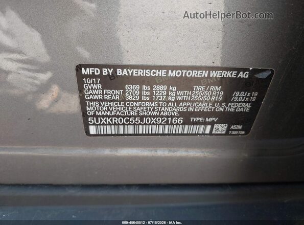 5UXKR0C55J0X92166 2018 BMW X5 Silver Շարժիչի բաժամունքի տեսք