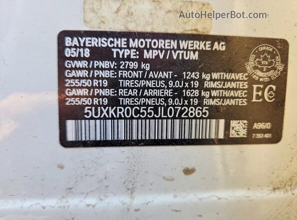 5UXKR0C55JL072865 2018 BMW X5 White Вид наклейки з VIN-кодом