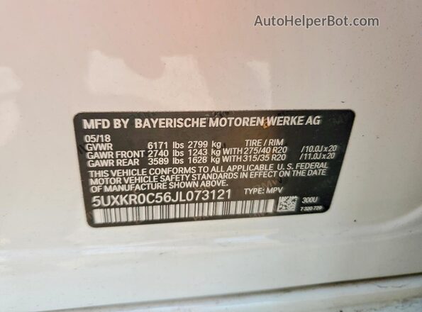 5UXKR0C56JL073121 2018 BMW X5 White Vista de la etiqueta del VIN