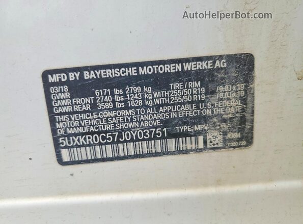 5UXKR0C57J0Y03751 2018 BMW X5 White Vista de la etiqueta del VIN