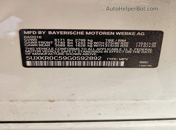 5UXKR0C59G0S92892 2016 BMW X5 White Вид наклейки з VIN-кодом