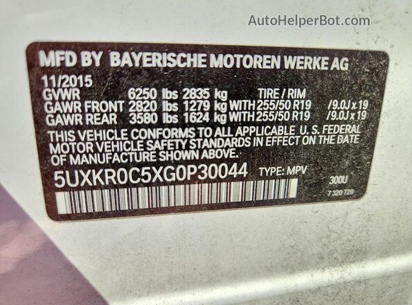 5UXKR0C5XG0P30044 2016 BMW X5 White VIN կոդի պիտակի տեսք