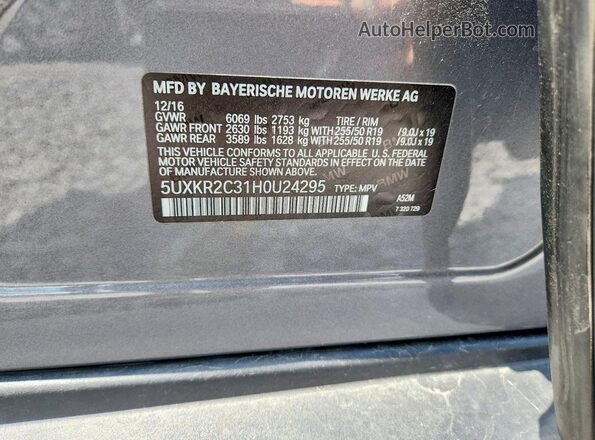5UXKR2C31H0U24295 2017 BMW X5 Gray Vista de la etiqueta del VIN
