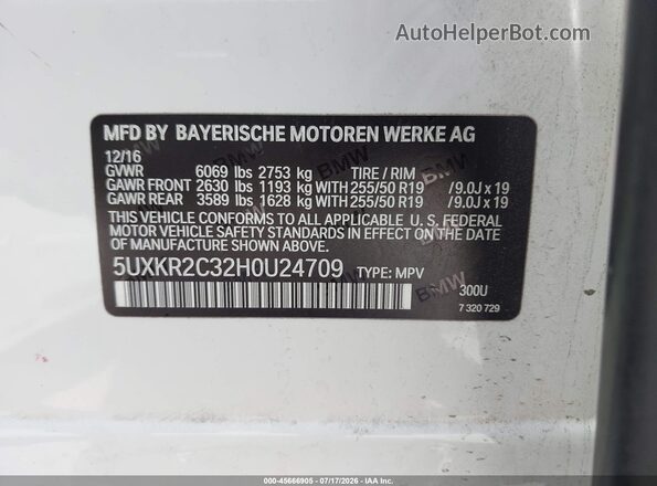 5UXKR2C32H0U24709 2017 BMW X5 White Շարժիչի բաժամունքի տեսք