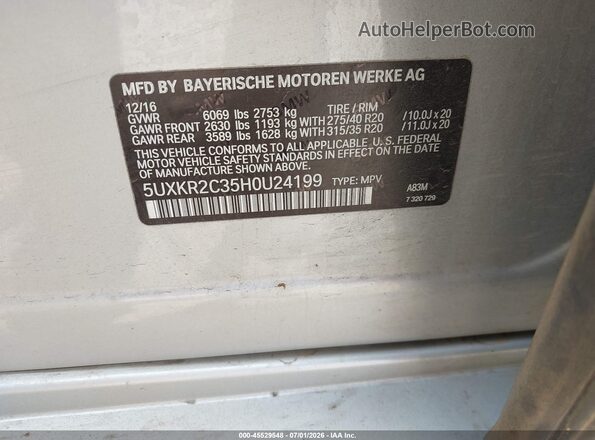 5UXKR2C35H0U24199 2017 BMW X5 Silver Вид підкапотного простору