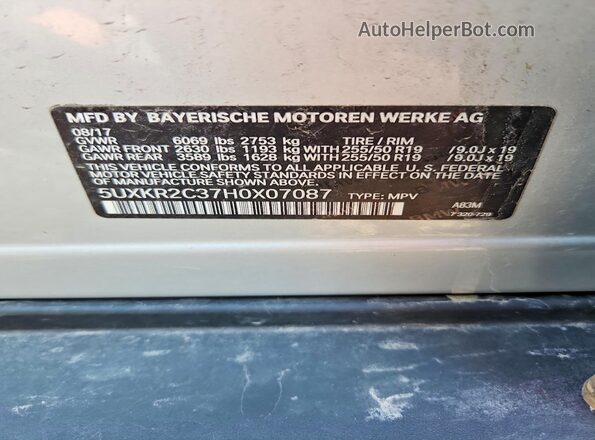 5UXKR2C37H0X07087 2017 BMW X5 Silver Vista de la etiqueta del VIN