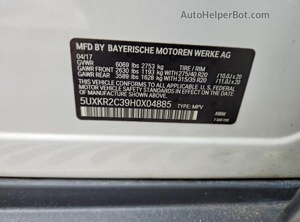 5UXKR2C39H0X04885 2017 BMW X5 White Vista de la etiqueta del VIN