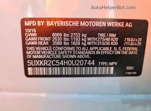 5UXKR2C54H0U20744 2017 BMW X5 White Вид наклейки з VIN-кодом