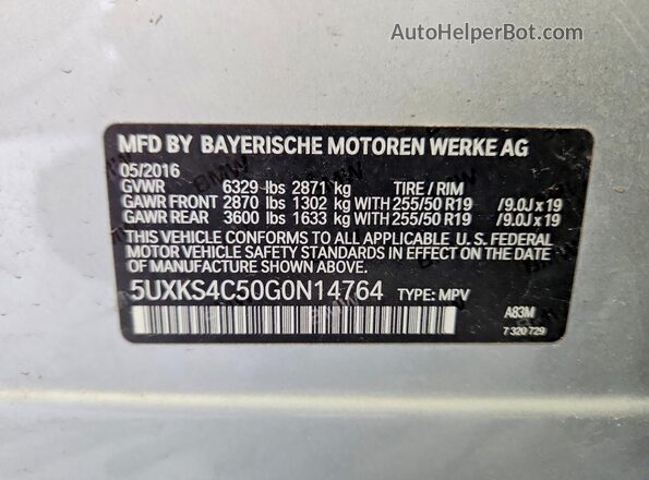 5UXKS4C50G0N14764 2016 BMW X5 Silver Вид наклейки з VIN-кодом