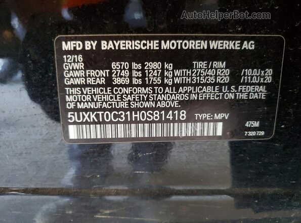 5UXKT0C31H0S81418 2017 BMW X5 Black Vista de la etiqueta del VIN