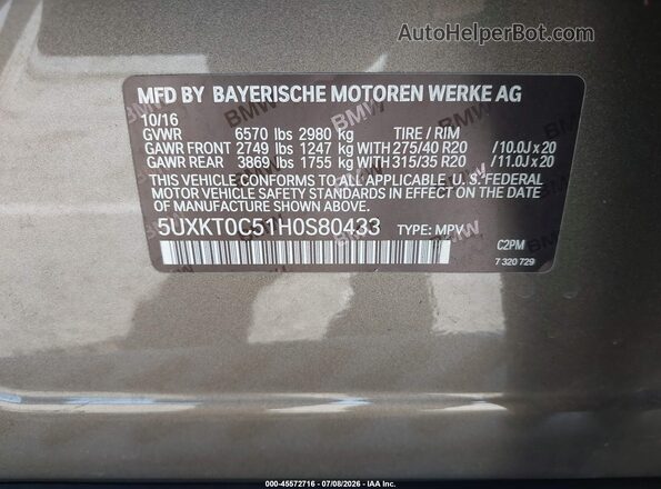 5UXKT0C51H0S80433 2017 BMW X5 Коричневый Вид подкапотного пространства