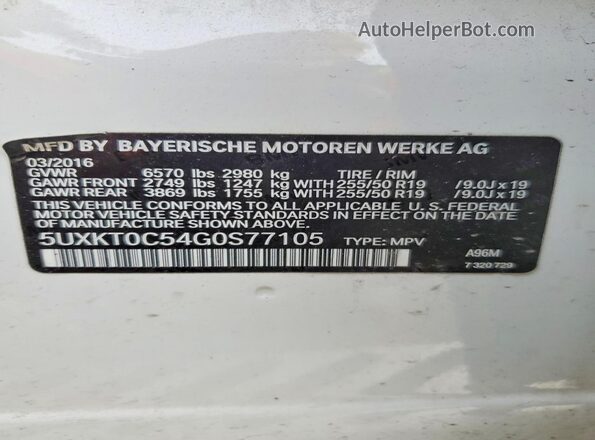 5UXKT0C54G0S77105 2016 BMW X5 White VIN კოდის სტიკერის ხედი