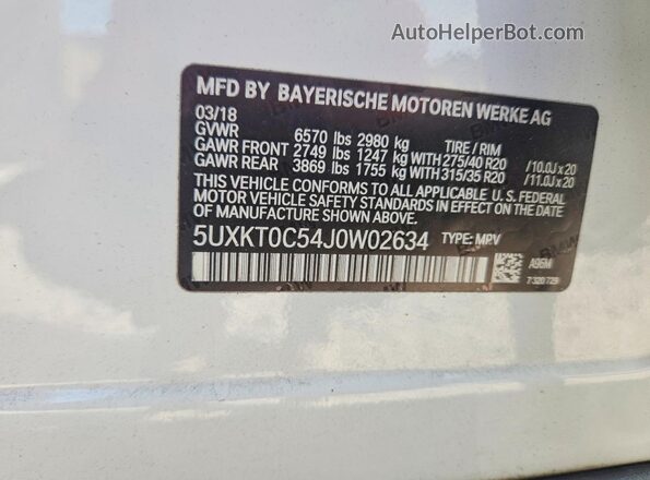 5UXKT0C54J0W02634 2018 BMW X5 White ძრავის განყოფილების ხედი
