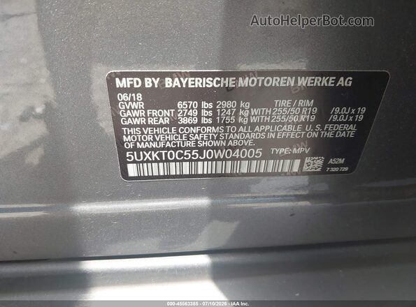 5UXKT0C55J0W04005 2018 BMW X5 Gray Widok komory silnika