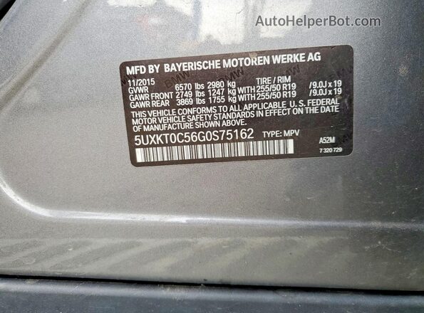 5UXKT0C56G0S75162 2016 BMW X5 Gray Вид наклейки з VIN-кодом