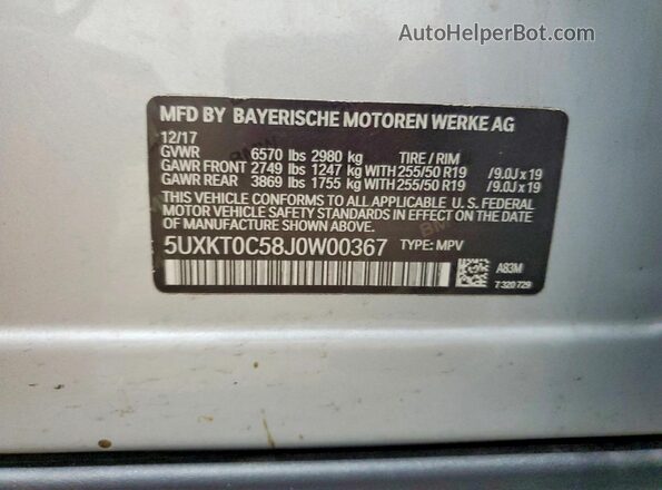5UXKT0C58J0W00367 2018 BMW X5 Silver VIN կոդի պիտակի տեսք