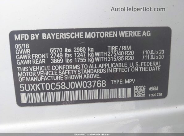 5UXKT0C58J0W03768 2018 BMW X5 White Widok komory silnika