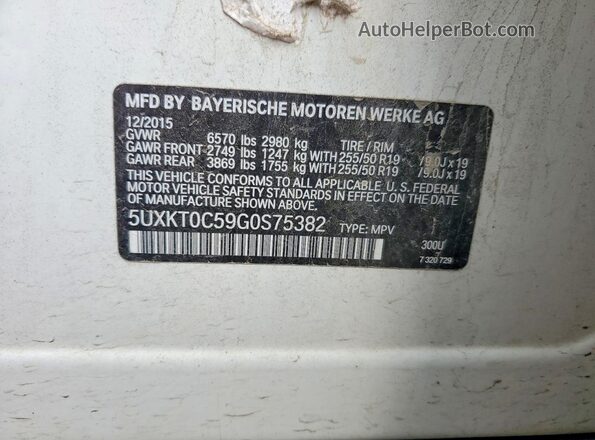5UXKT0C59G0S75382 2016 BMW X5 White Vista de la etiqueta del VIN