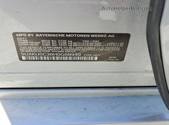 5UXKU0C36H0G68949 2017 BMW X6 Silver VIN կոդի պիտակի տեսք