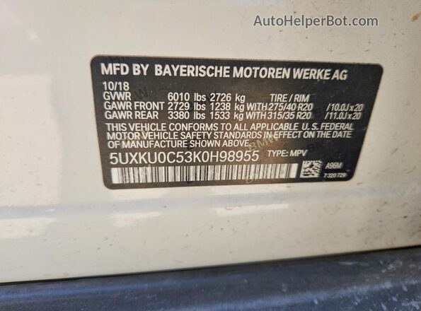 5UXKU0C53K0H98955 2019 BMW X6 White VIN sticker view