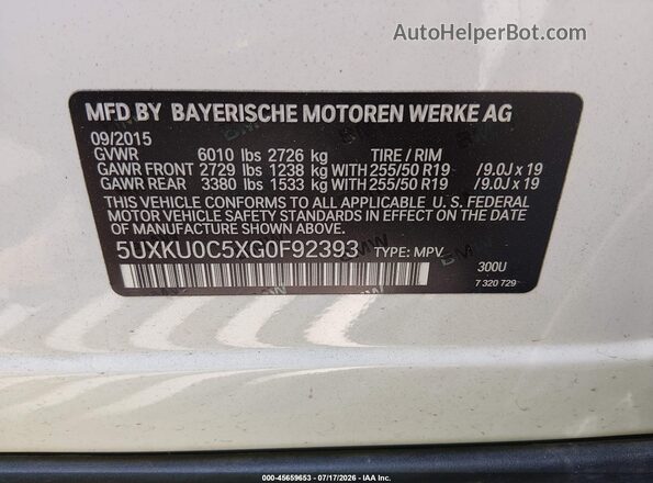5UXKU0C5XG0F92393 2016 BMW X6 White Вид підкапотного простору