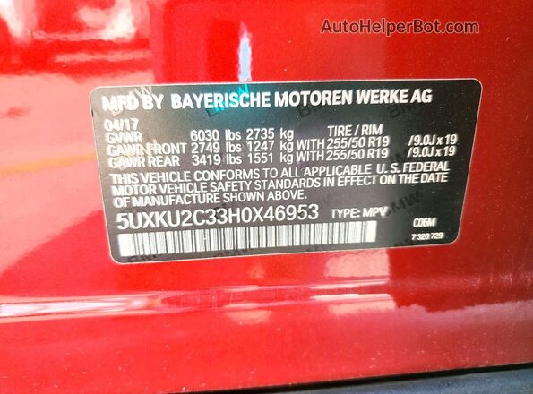 5UXKU2C33H0X46953 2017 BMW X6 Red Vista de la etiqueta del VIN