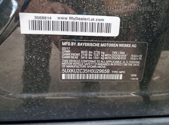5UXKU2C35H0U29658 2017 BMW X6 Black VIN კოდის სტიკერის ხედი