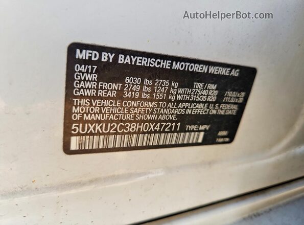 5UXKU2C38H0X47211 2017 BMW X6 White Вид підкапотного простору