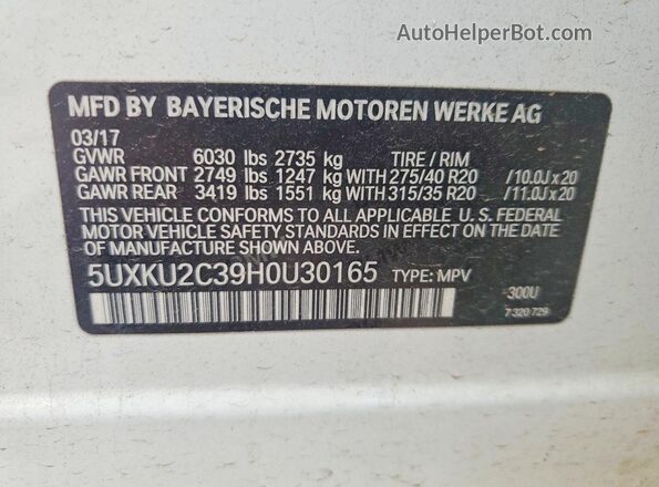 5UXKU2C39H0U30165 2017 BMW X6 White Вид наклейки з VIN-кодом