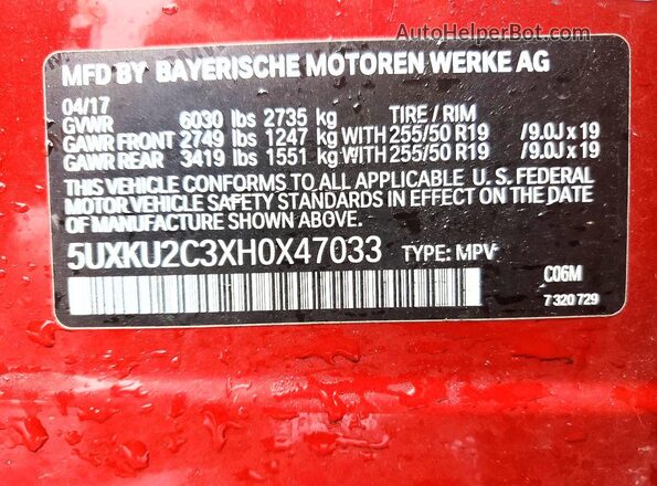 5UXKU2C3XH0X47033 2017 BMW X6 Red Вид наклейки з VIN-кодом