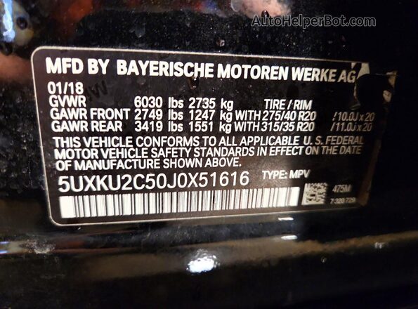 5UXKU2C50J0X51616 2018 BMW X6 Black VIN sticker view
