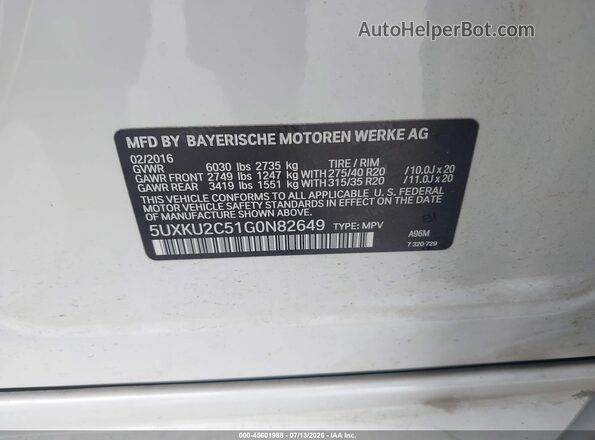 5UXKU2C51G0N82649 2016 BMW X6 White Вид підкапотного простору