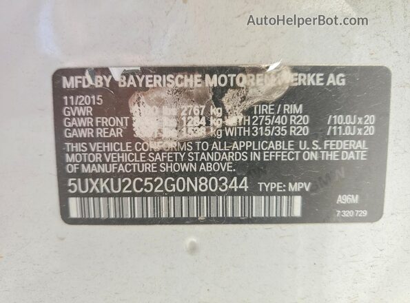 5UXKU2C52G0N80344 2016 BMW X6 White Вид наклейки з VIN-кодом