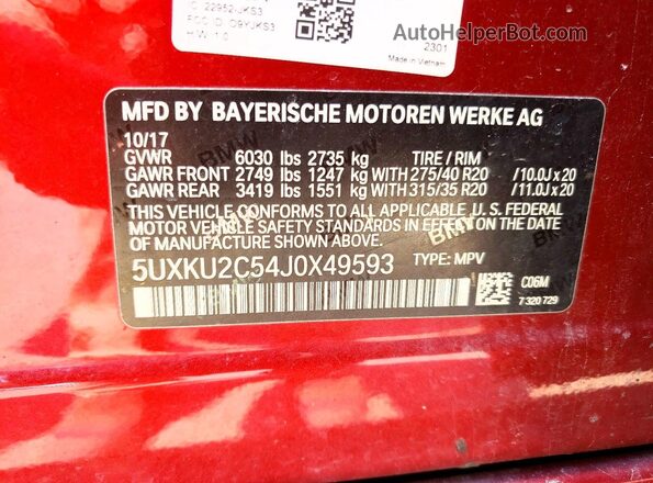 5UXKU2C54J0X49593 2018 BMW X6 Red VIN կոդի պիտակի տեսք