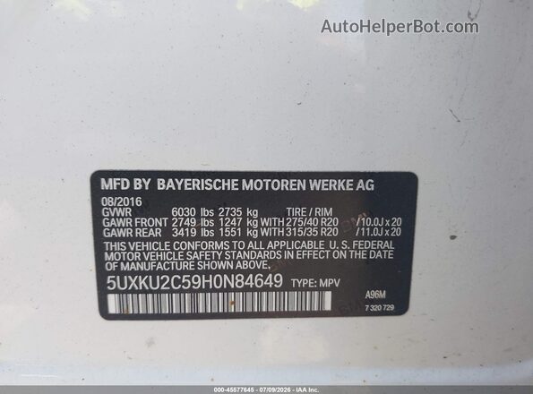 5UXKU2C59H0N84649 2017 BMW X6 White Շարժիչի բաժամունքի տեսք