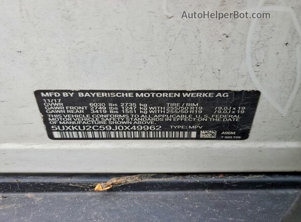 5UXKU2C59J0X49962 2018 BMW X6 White VIN sticker view