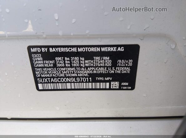 5UXTA6C00N9L97011 2022 BMW X5 White Вид підкапотного простору