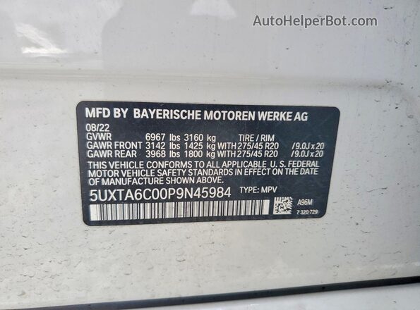 5UXTA6C00P9N45984 2023 BMW X5 White Vista de la etiqueta del VIN