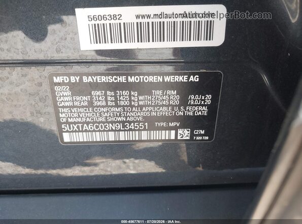 5UXTA6C03N9L34551 2022 BMW X5 Gray Engine compartment view