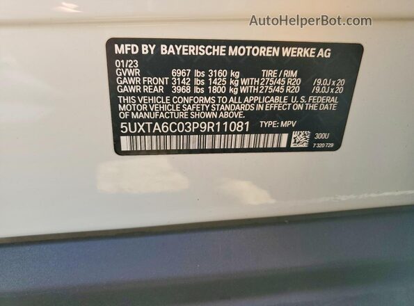 5UXTA6C03P9R11081 2023 BMW X5 White Вид наклейки з VIN-кодом