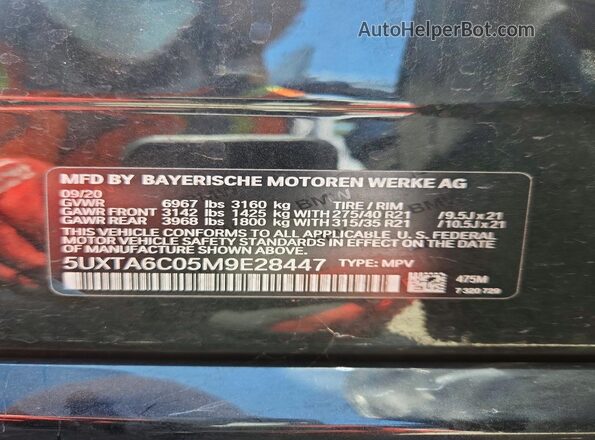 5UXTA6C05M9E28447 2021 BMW X5 Black Widok naklejki z numerem VIN
