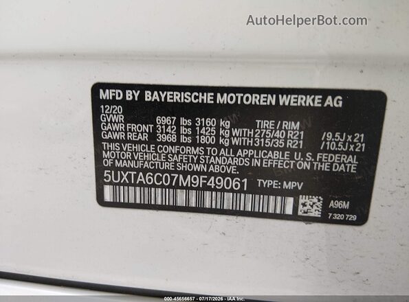 5UXTA6C07M9F49061 2021 BMW X5 White Вид підкапотного простору